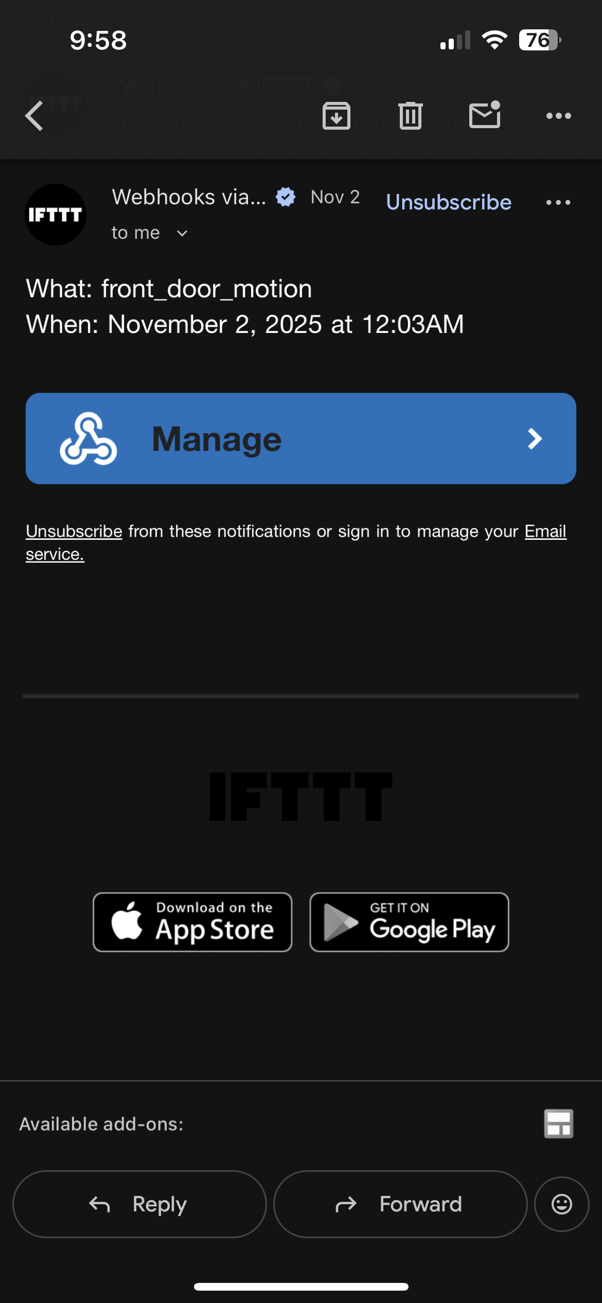 Screenshot of the automated email I receive when the IFTTT webhook event fires (motion detected → email sent).